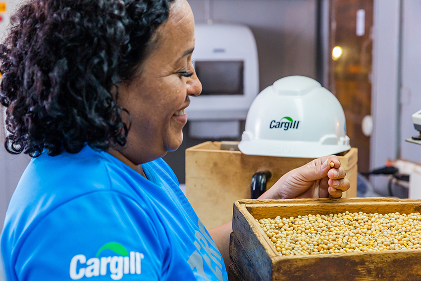 Seorang karyawan wanita sedang membawa sekotak benih