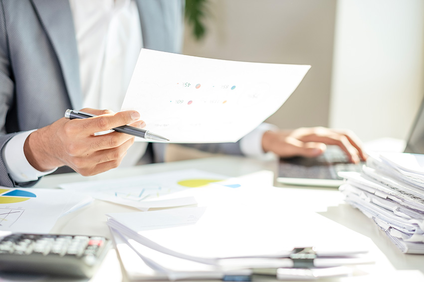 A female employee examining a document
